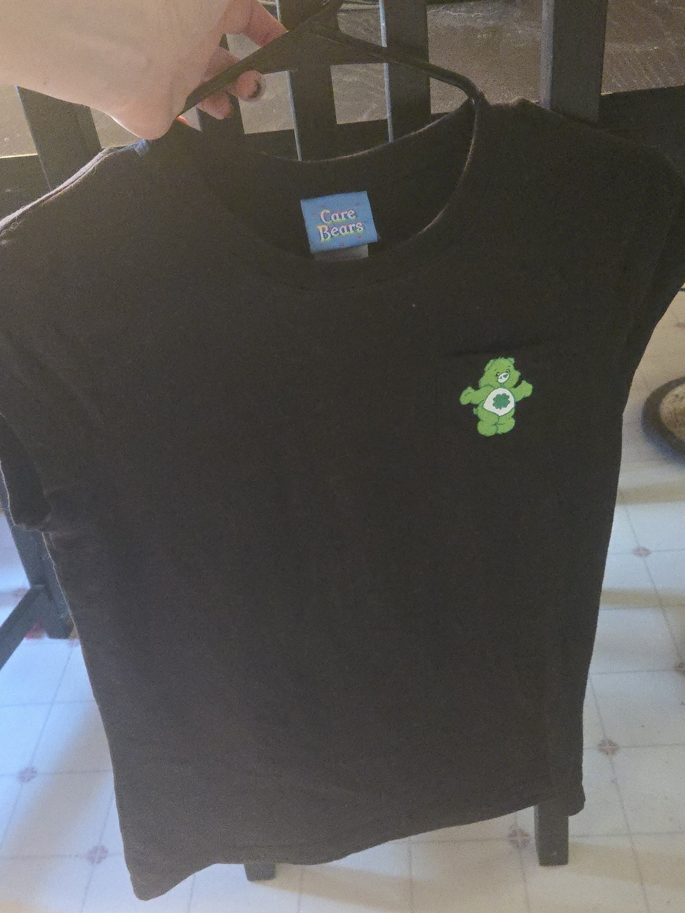 Care Bears Black Tee with Green Good Luck Bear Chest Patch